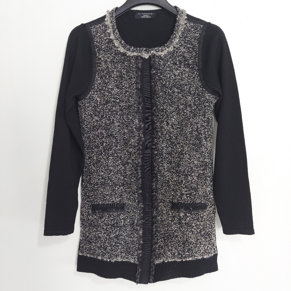 Elie Tahari Nordstrom Black Merino Wool Boucle Fringed Snap Front Jacket Sz S